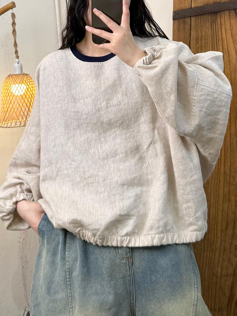 Women Spring Casual Colorblock O-Neck Linen Shirt