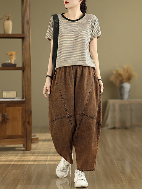 Women Casual Pure Color Denim Spliced Harem Pants