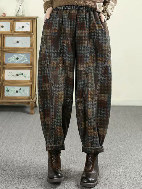 Women Vintage Plaid 100%Cotton Harem Pants