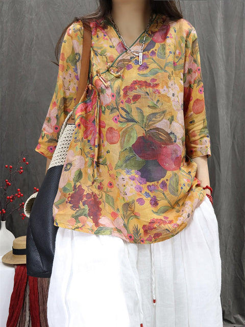 Women Spring Ethnic V-Neck Flower 100%Ramie Shirt