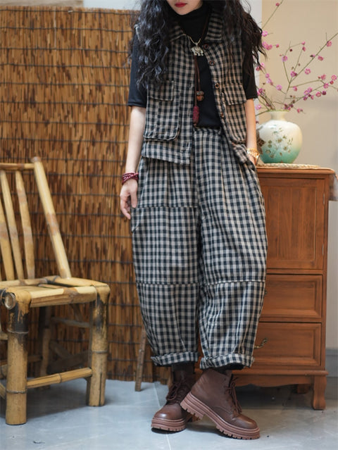 Women Spring Vintage Plaid Loose Suits