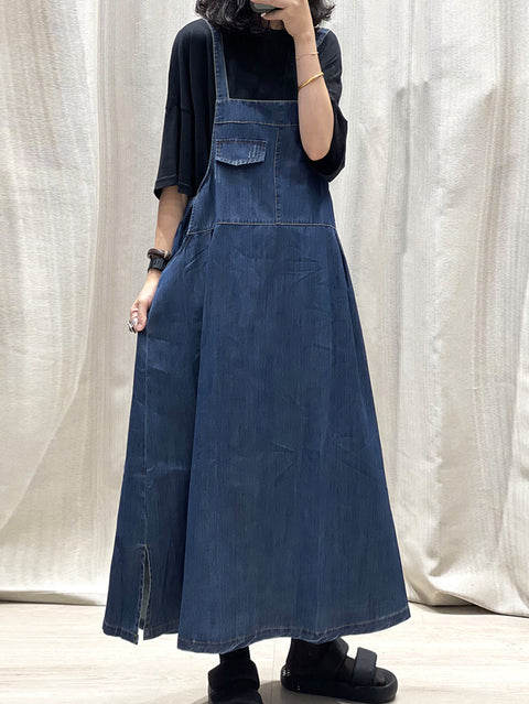 Damen Frühling Reine Farbe Denim Maxi Hosenträger Kleid