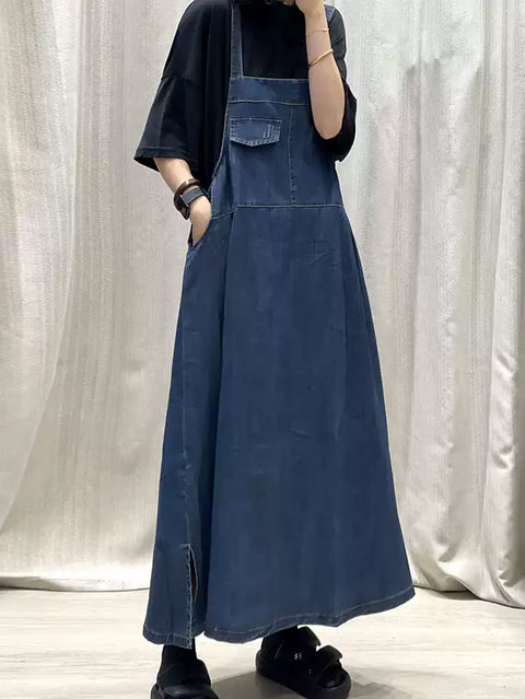 Damen Frühling Reine Farbe Denim Maxi Hosenträger Kleid