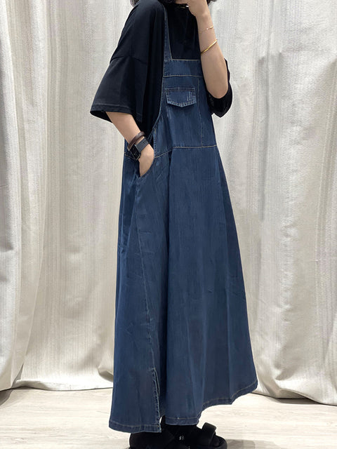 Damen Frühling Reine Farbe Denim Maxi Hosenträger Kleid