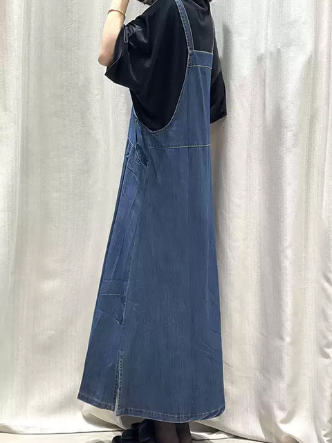 Damen Frühling Reine Farbe Denim Maxi Hosenträger Kleid