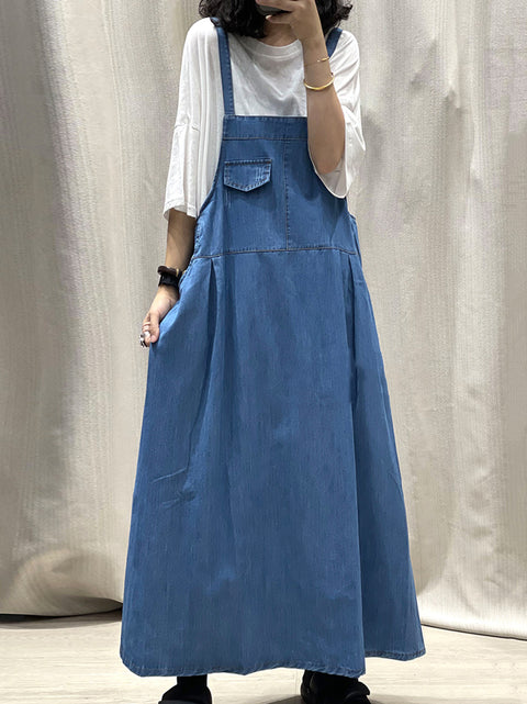 Damen Frühling Reine Farbe Denim Maxi Hosenträger Kleid