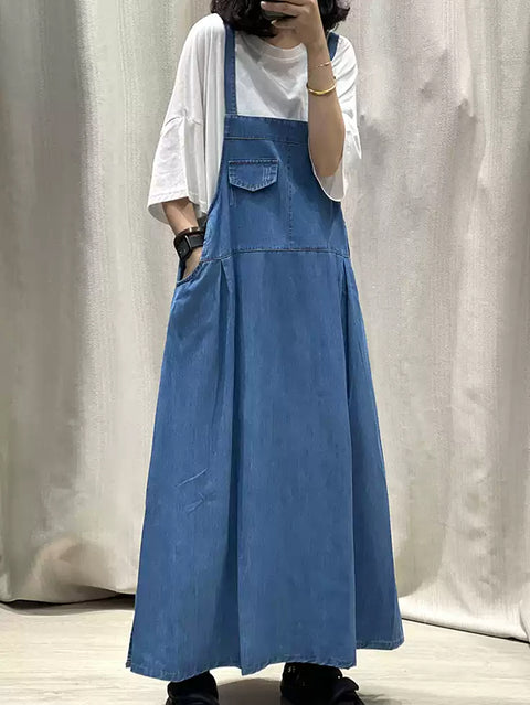 Damen Frühling Reine Farbe Denim Maxi Hosenträger Kleid