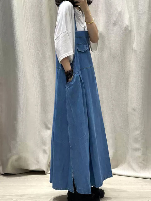 Damen Frühling Reine Farbe Denim Maxi Hosenträger Kleid