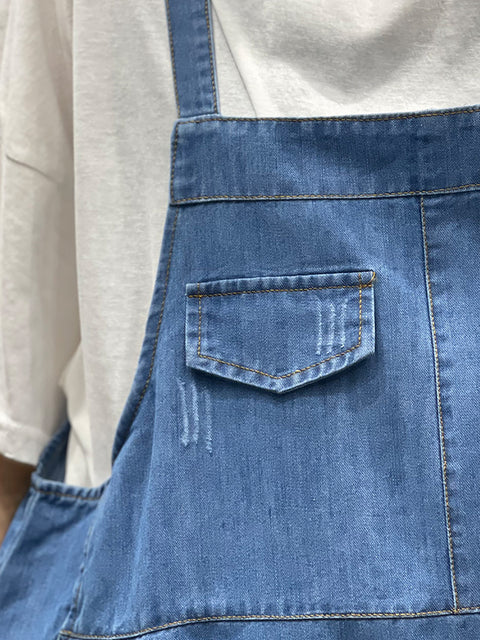 Damen Frühling Reine Farbe Denim Maxi Hosenträger Kleid