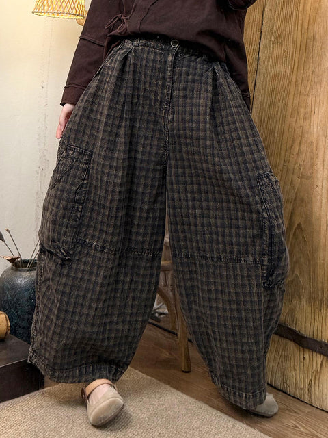 Damen Vintage Frühlingskarierte lockere Hose aus Baumwolle mit weitem Bein