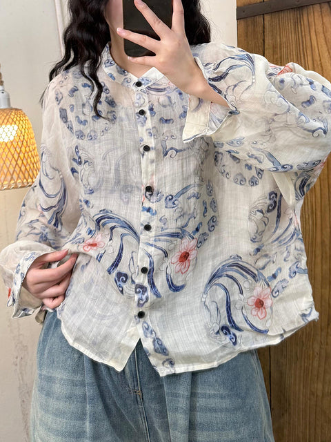 Damen Frühling Vintage Stehkragen Blume 100% Ramie Shirt