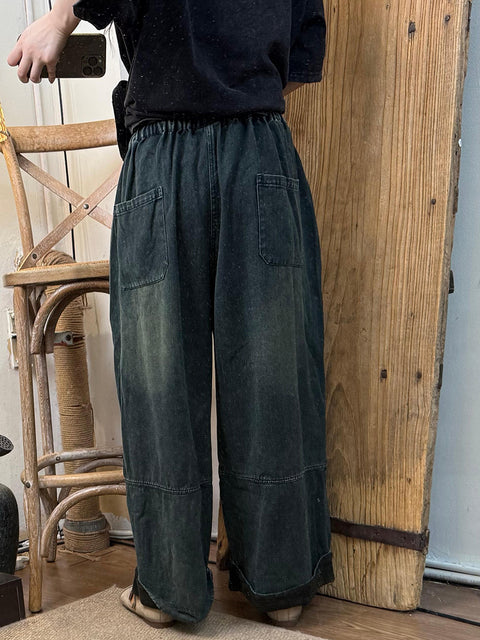 Women Spring Retro Washed Denim Wide-leg Pants