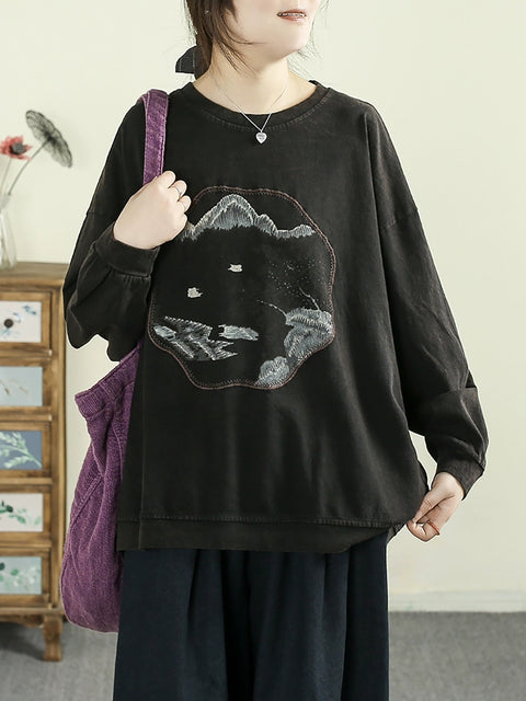 Women Spring Vintage Embroidery Cotton O-Neck Shirt