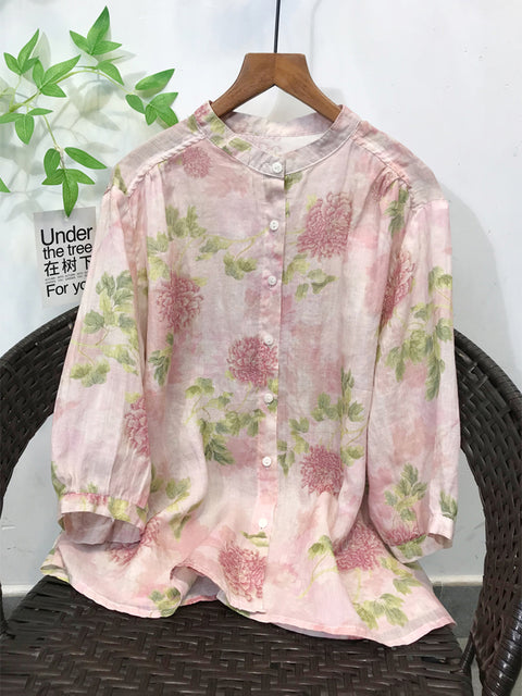 Damen Frühling Artsy Blume Stehkragen 100% Ramie Shirt