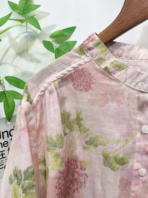 Damen Frühling Artsy Blume Stehkragen 100% Ramie Shirt