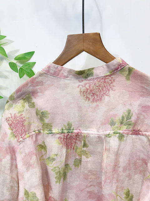 Damen Frühling Artsy Blume Stehkragen 100% Ramie Shirt