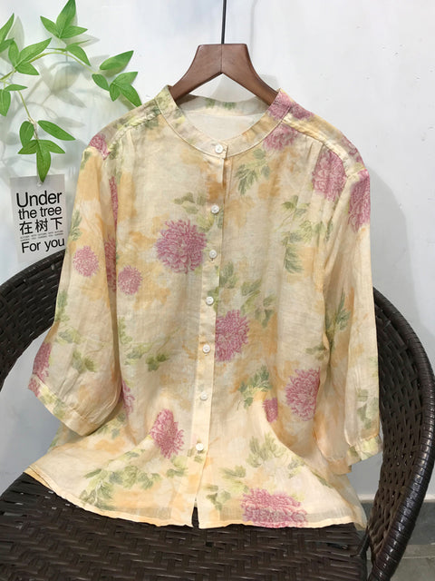 Damen Frühling Artsy Blume Stehkragen 100% Ramie Shirt