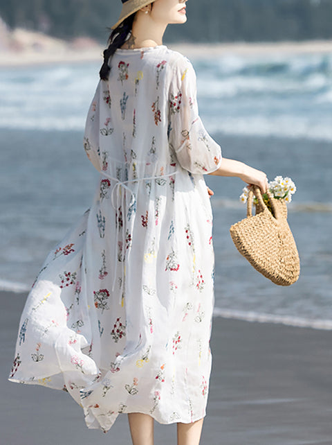 Damen Kleid mit Frühlingsblumenstickerei, 100 % Ramie