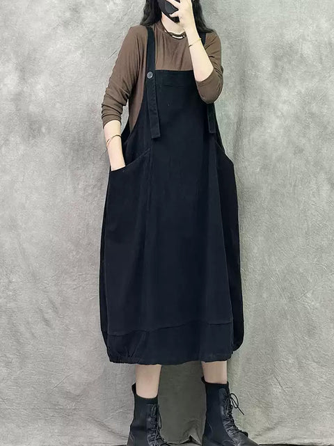 Damen Frühling Retro Reine Farbe Denim Hosenträger Kleid