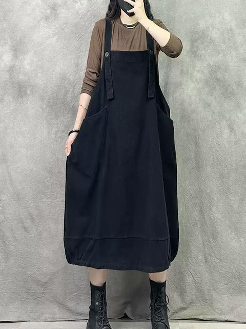 Damen Frühling Retro Reine Farbe Denim Hosenträger Kleid