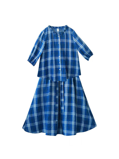 Damen Sommer Vintage Plaid 100% Leinen Lose Anzüge