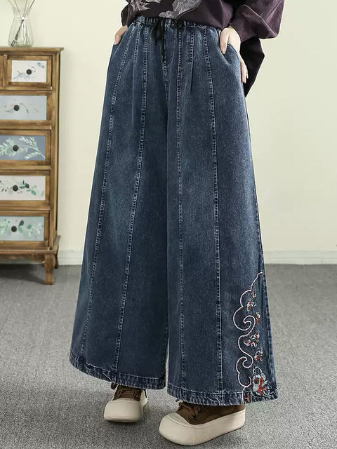 Damen Denimhose mit weitem Bein und Vintage-Stickerei