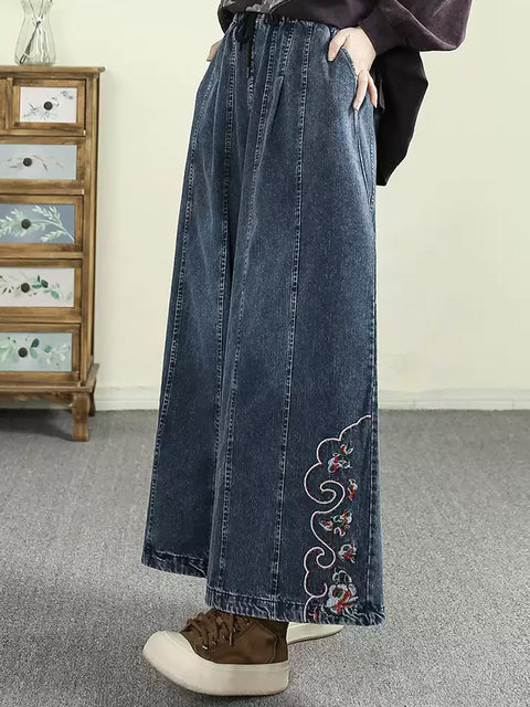 Damen Denimhose mit weitem Bein und Vintage-Stickerei