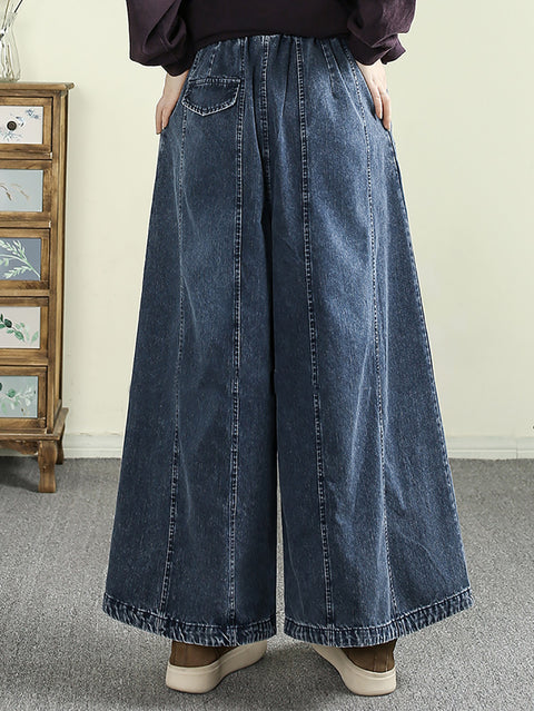 Damen Denimhose mit weitem Bein und Vintage-Stickerei