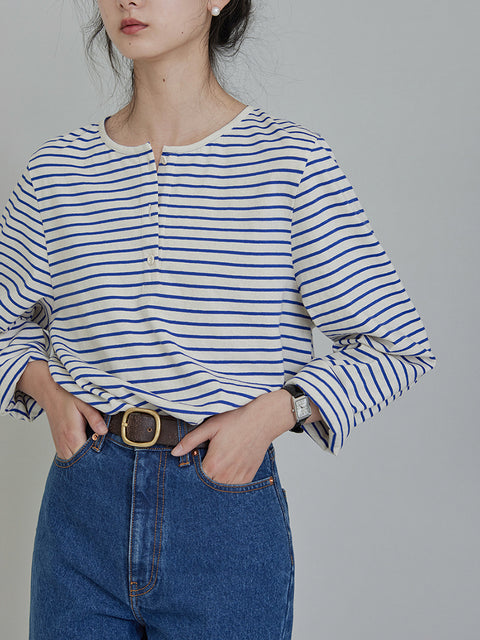 Women Spring Stripe Cotton O-Neck Shirt