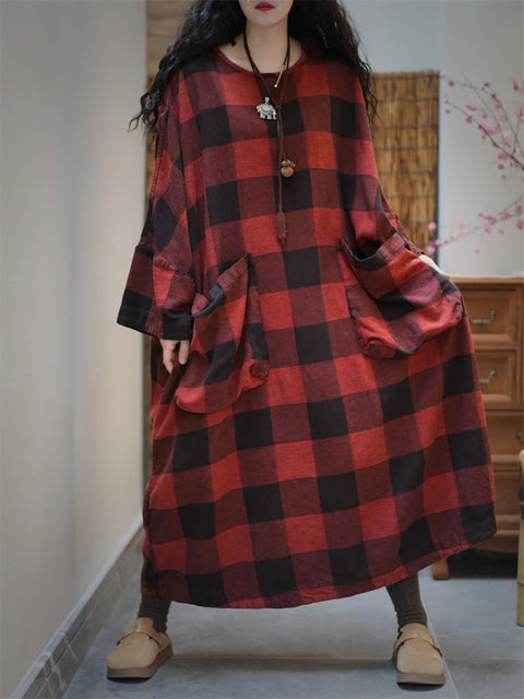 Damen Frühling Artsy Plaid O-Ausschnitt Baumwolle Maxi Kleid