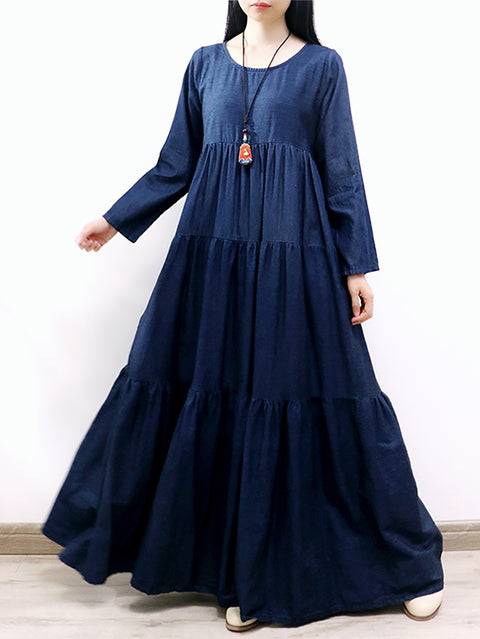 Damen Frühlings-Maxikleid aus Denim mit Rundhalsausschnitt und Stufendesign