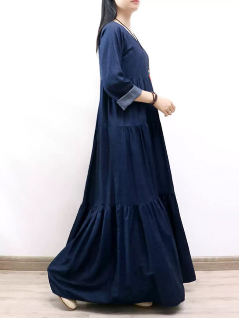 Damen Frühlings-Maxikleid aus Denim mit Rundhalsausschnitt und Stufendesign