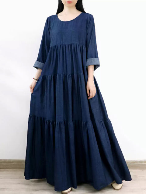 Damen Frühlings-Maxikleid aus Denim mit Rundhalsausschnitt und Stufendesign