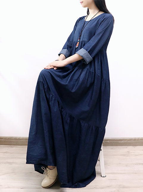 Damen Frühlings-Maxikleid aus Denim mit Rundhalsausschnitt und Stufendesign