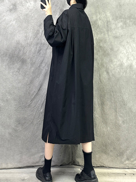 Women Spring Retro Pure Color Cotton Loose Dress