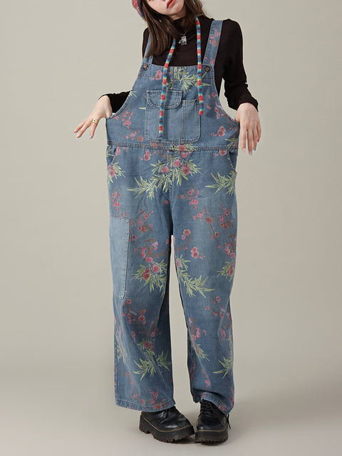 Damen Sommer Casual Blumen Denim Weites Bein Jumpsuits