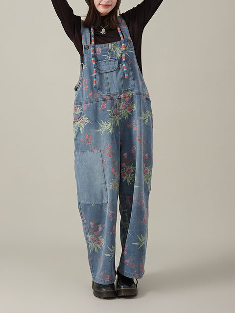 Women Summer Casual Flower Denim Wide-leg Jumpsuits