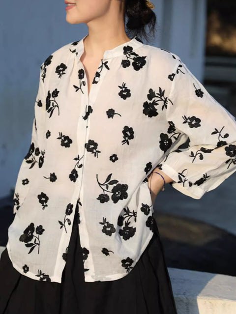 Damen Artsy Frühlingsblumenstickerei 100% Ramie Shirt