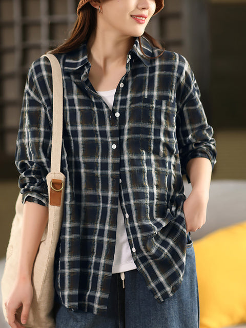 Damen Artsy Spring Plaid Leinen Umlegekragen Hemd