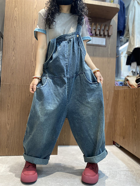 Frauen Sommer Vintage Reine Farbe Denim Lose Overalls