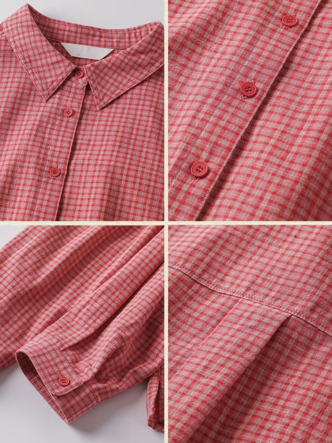 Women Spring Retro Plaid 100%Cotton Shirt