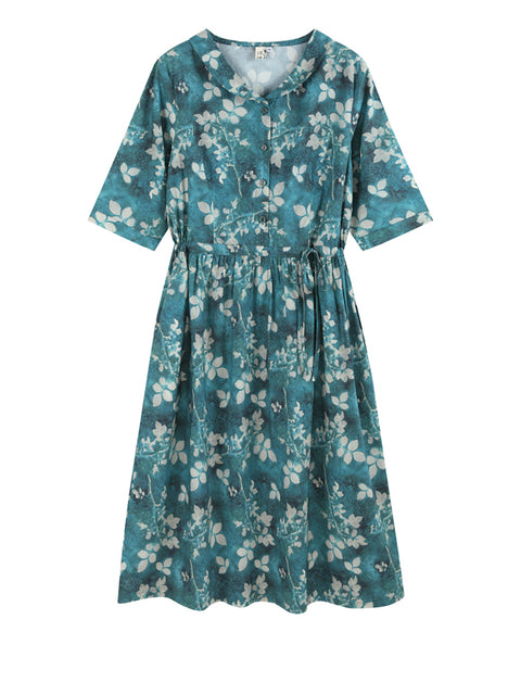 Damen Frühling Artsy Flower 100% Baumwolle Puppenkragen Kleid