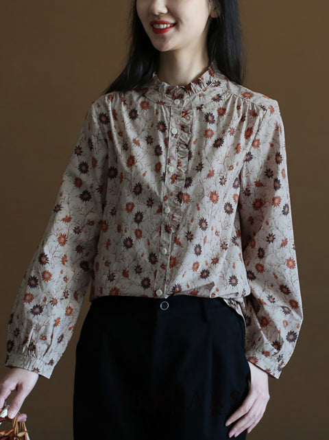 Damen Frühling Artsy Flower Button-up 100% Baumwolle Hemd