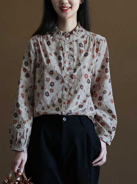 Damen Frühling Artsy Flower Button-up 100% Baumwolle Hemd