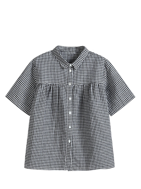 Damen Sommer Vintage Kariertes Leinen Baumwoll Button-Up Hemd