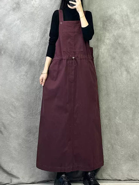 Damen Frühling Retro Reine Farbe Baumwolle Hosenträger Kleid