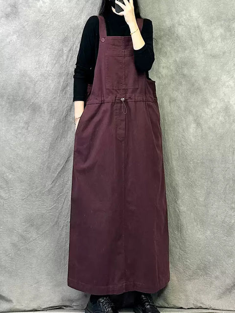 Damen Frühling Retro Reine Farbe Baumwolle Hosenträger Kleid