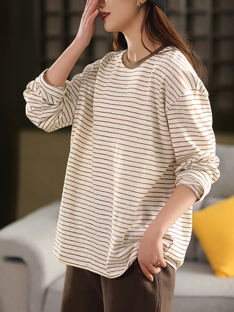 Women Spring Stripe Colorblock Cotton O-Neck Shirt