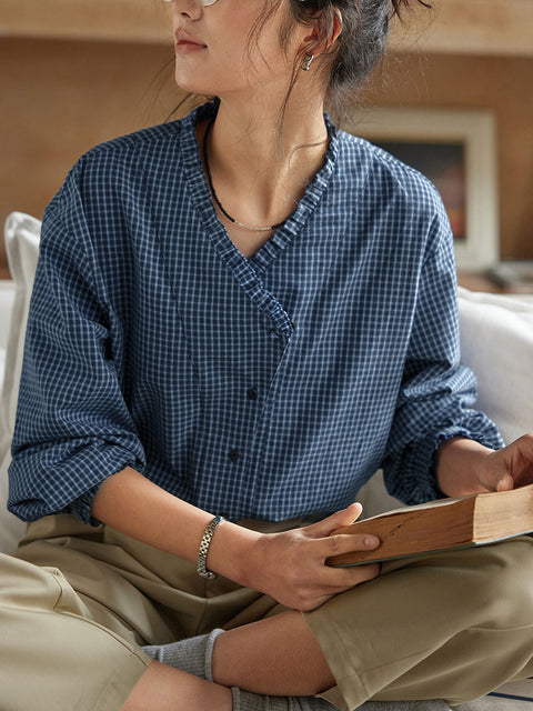 Damen Frühlings-Karo-Shirt mit V-Ausschnitt, 100 % Baumwolle