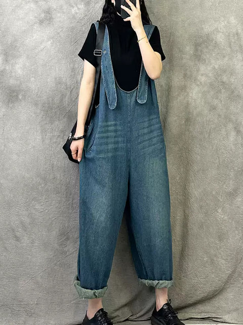 Damen Sommer Vintage Reine Farbe Denim Overalls